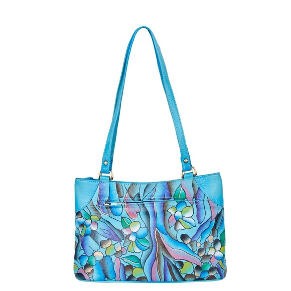 Hand-Painted Aqua Blue Abstract Artwork Ladies Leather Shoulder Tote Bag - Picture 2 of 7